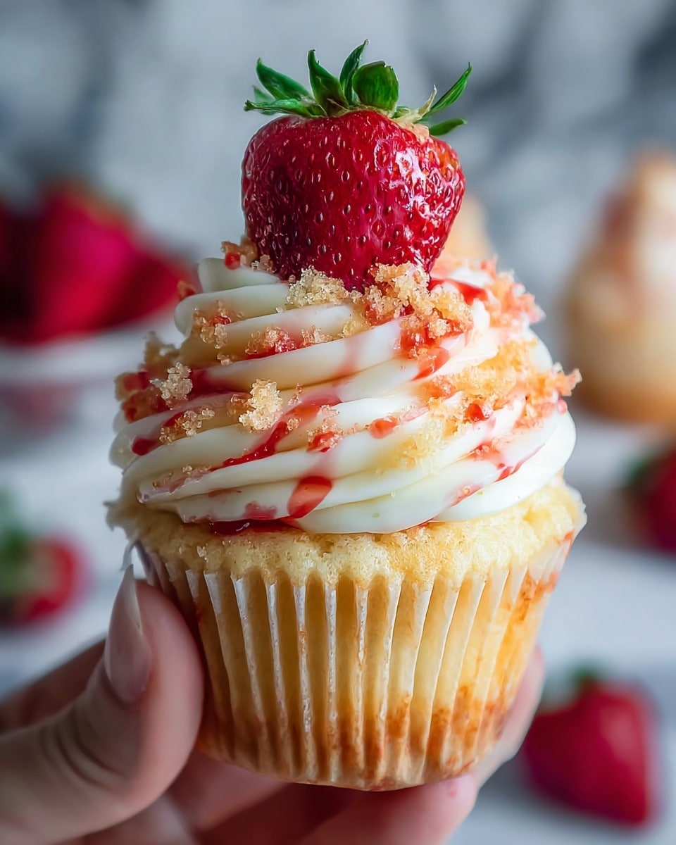 A close-up of a light golden cupcake held by a woman's hand, topped with thick, swirled white frosting mixed with thin red strawberry syrup streaks. The frosting is covered with crumbly golden and red bits sprinkled on top, finishing with a fresh, halved strawberry with green leaves standing upright at the peak. The background is a soft blur with hints of strawberries and a white marbled texture surface. photo taken with an iphone --ar 4:5 --v 7