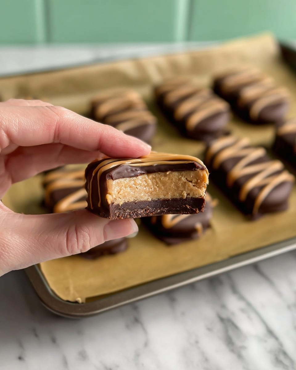 The image shows a baking tray in a close view, lined with a textured silicone mat in light beige. On the tray, there are three rows of five square chocolate-covered treats, making a total of fifteen pieces. Each treat is dark brown with a smooth, glossy chocolate coating and is decorated with three lines of light brown peanut butter drizzled across the top, creating a soft, creamy texture contrast. The tray sits on a white marbled surface with a light green brick wall in the background, adding a subtle textured backdrop to the scene. photo taken with an iphone --ar 4:5 --v 7