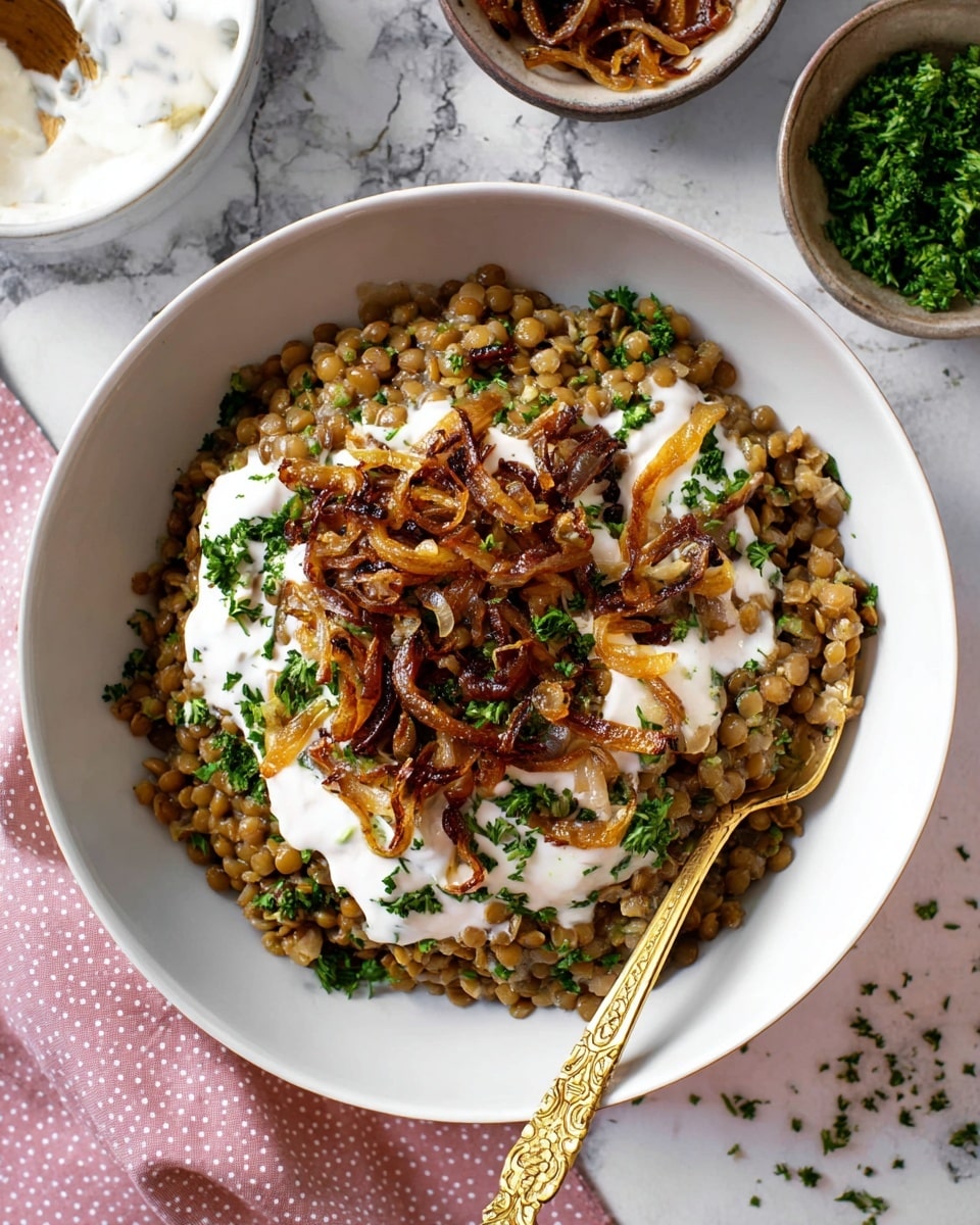 A white bowl filled with a base layer of cooked lentils mixed with grains, showing a soft and slightly textured brown and green color. On top, there is a generous layer of smooth white yogurt sauce, slightly dripping over the lentils. The top layer consists of caramelized onions in golden brown and dark brown hues, scattered unevenly across the yogurt. Finely chopped green parsley bits garnish the entire dish. A golden spoon with ornate designs sticks into the right side of the bowl, resting among the lentils and yogurt. The bowl sits on a white marbled surface, with small bowls of more caramelized onions and chopped parsley nearby, and a light pink cloth with white dots partially visible at the bottom. Photo taken with an iphone --ar 4:5 --v 7