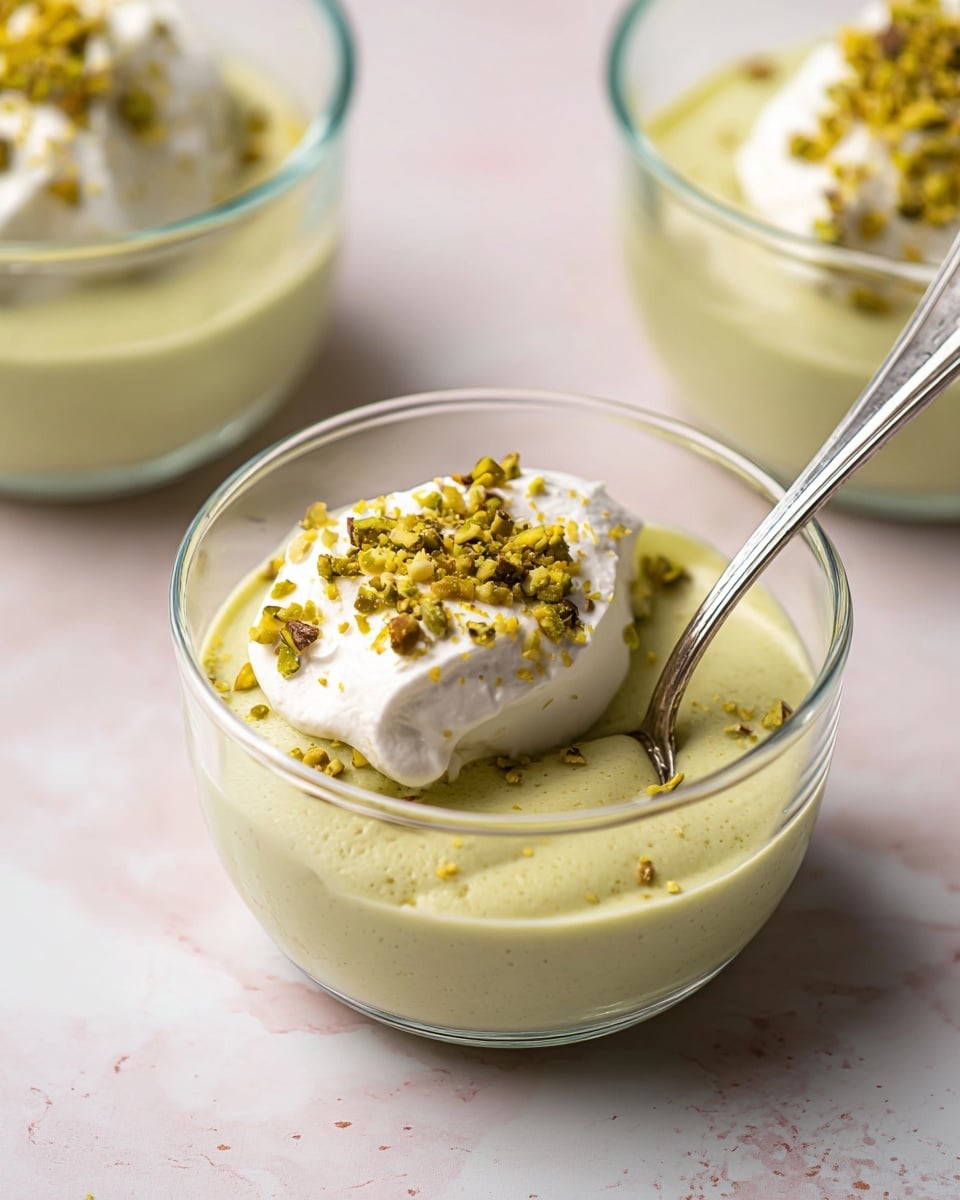 A clear glass bowl filled with two visible layers: the bottom layer is a smooth, pale green pudding with a soft texture, and the top layer is a dollop of white whipped cream placed slightly off-center, sprinkled with small, crushed yellow-green pistachio pieces. A spoon rests inside the bowl, partially submerged in the pudding and cream. Two similar bowls with only the pale green layer are seen in the background. The bowls sit on a white marbled textured surface. Photo taken with an iphone --ar 4:5 --v 7