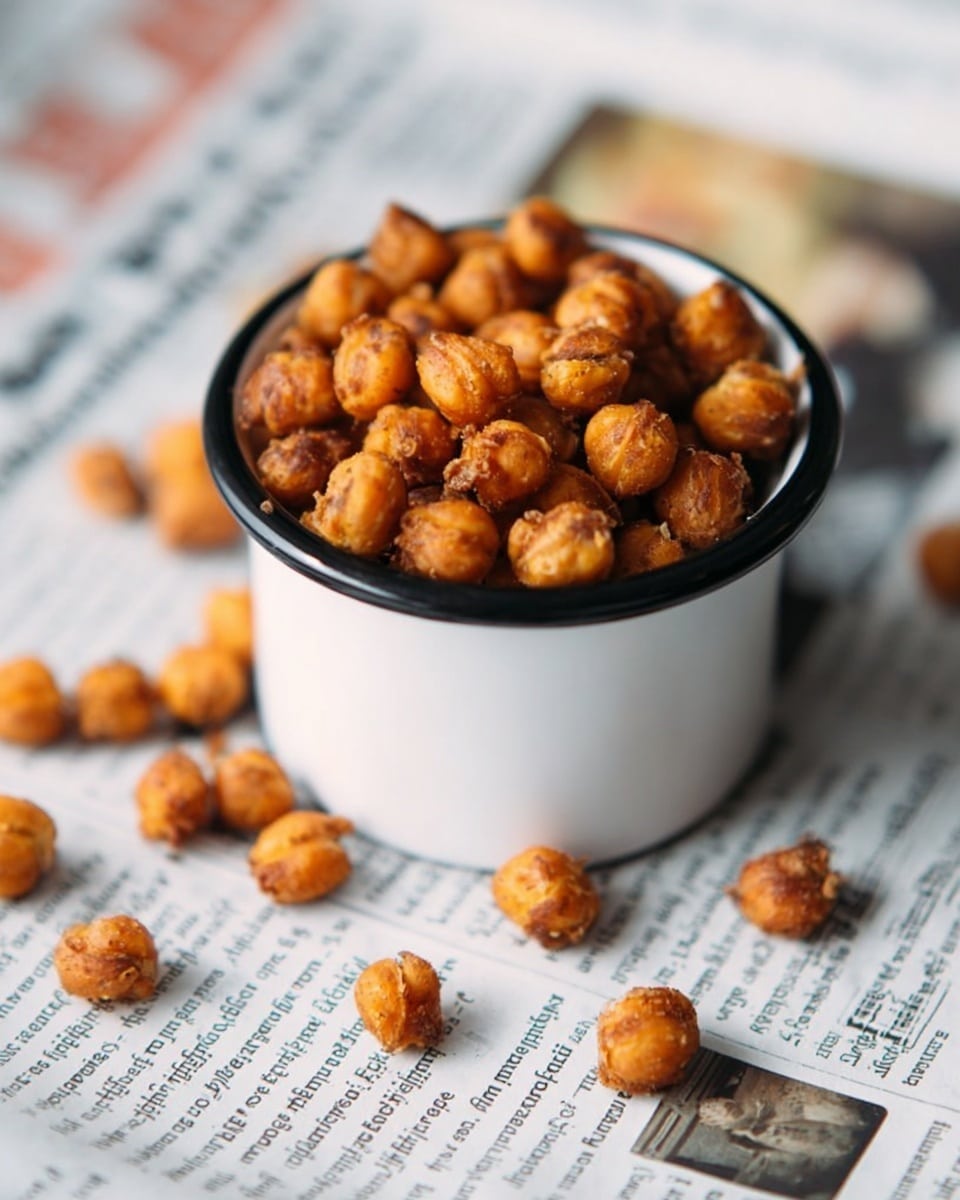 A white cup with a black rim is filled to the top with golden brown roasted chickpeas that have a crispy texture. The cup is placed on a flat surface covered with printed newspaper, which is mostly blurred out. Several roasted chickpeas are scattered loosely around the cup on the white marbled texture underneath. The lighting is soft and natural, highlighting the crunchy surface of the chickpeas. Photo taken with an iphone --ar 4:5 --v 7