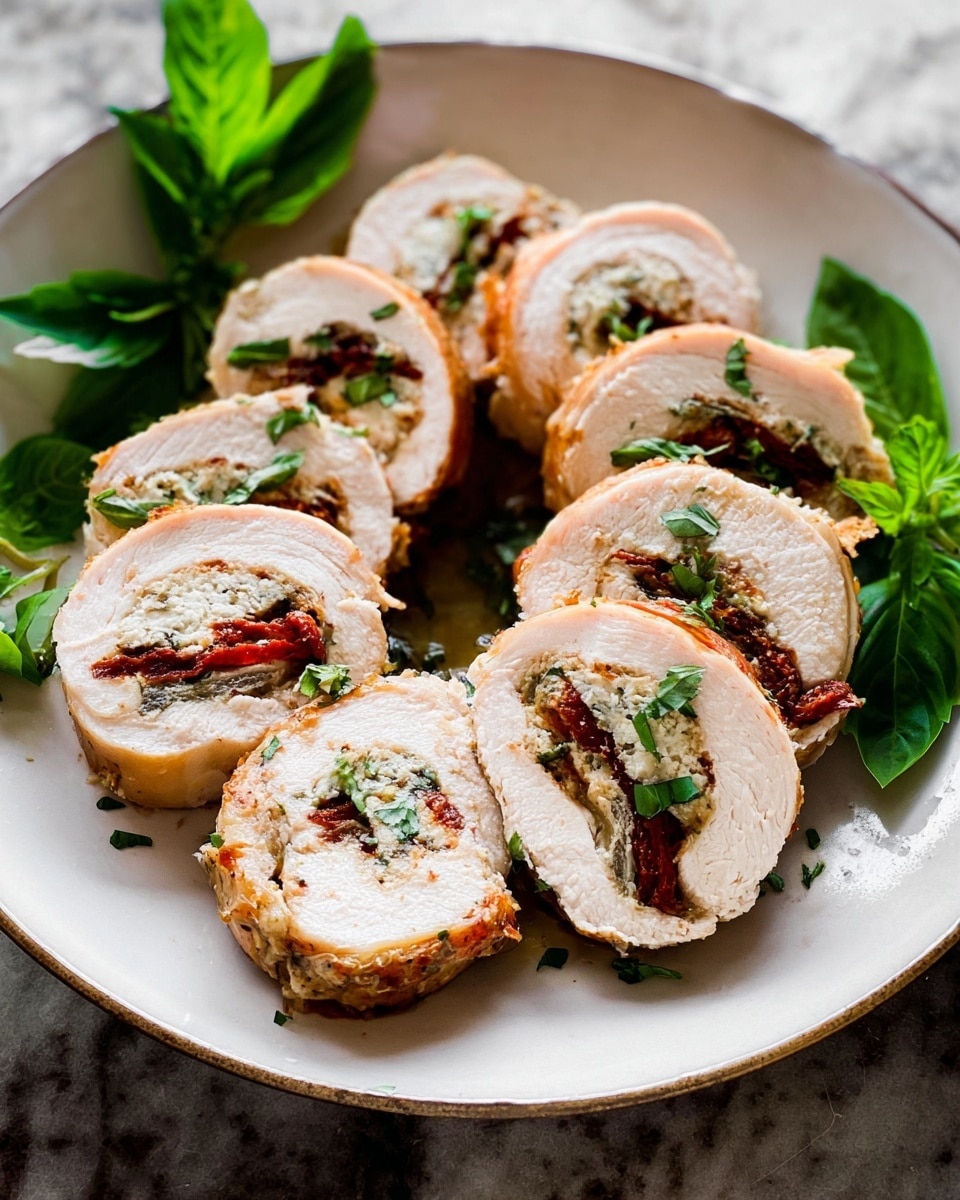 Seven slices of rolled chicken stuffed with layers including white chicken meat on the outside, a reddish sun-dried tomato layer, and a dark brown thin layer inside, all arranged on a white plate. The outside of the chicken roll has a lightly browned texture. Bright green parsley leaves are scattered on top of and around the chicken rolls, with some fresh green basil leaves on the side. The plate sits on a white marbled surface. photo taken with an iphone --ar 4:5 --v 7
