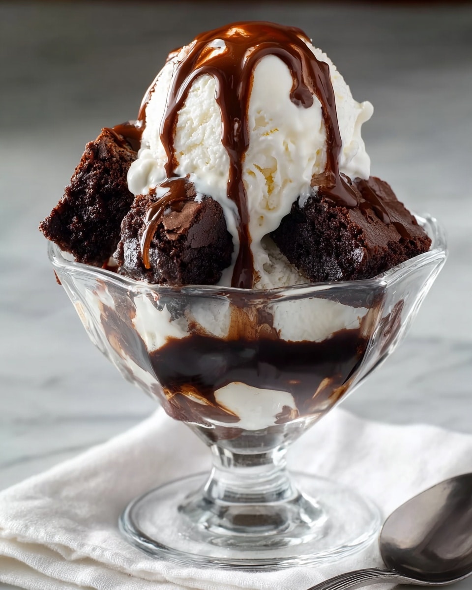A clear glass dessert dish with three layers: the bottom layer is dark, glossy chocolate sauce, the middle layer is white vanilla ice cream with a creamy texture, and the top layer has two chunky pieces of dark brown chocolate brownie with a slightly crumbly texture. On top of the brownies, there is a large scoop of white vanilla ice cream, drizzled with thick dark chocolate syrup that runs down the ice cream and brownies. The dish sits on a white cloth napkin on a white marbled surface, next to a silver spoon. photo taken with an iphone --ar 4:5 --v 7