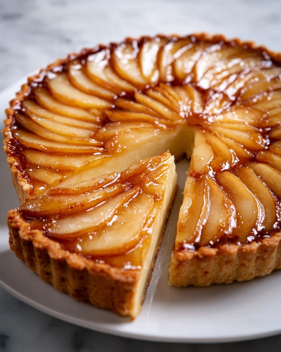 A round tart with a golden brown crust forms the base, holding three visible layers: a light beige pastry crust at the bottom, a thick, smooth creamy layer in the middle, and on top, thinly sliced pear pieces, arranged in tightly overlapping rows radiating from the center outward, with a shiny glaze giving a glossy look and enhancing the warm caramel tones of the pear slices. One slice is slightly pulled out, showing the creamy layer and crust clearly, all placed on a white plate sitting on a white marbled background. photo taken with an iphone --ar 4:5 --v 7