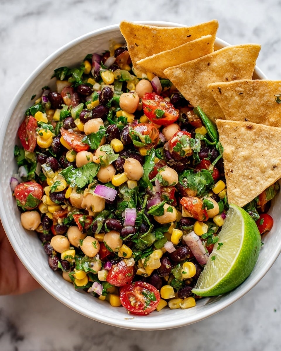 A white bowl filled with a colorful bean salad is shown on a white marbled surface. The salad has a mix of black beans, chickpeas, yellow corn kernels, halved red grape tomatoes, chopped red onions, and green leafy herbs scattered on top. There are three triangular tortilla chips standing upright along one side of the bowl. A lime wedge is placed inside the bowl on the right side, adding a bright green contrast. The textures range from smooth beans and corn to leafy greens and crisp tortilla chips. Photo taken with an iphone --ar 4:5 --v 7