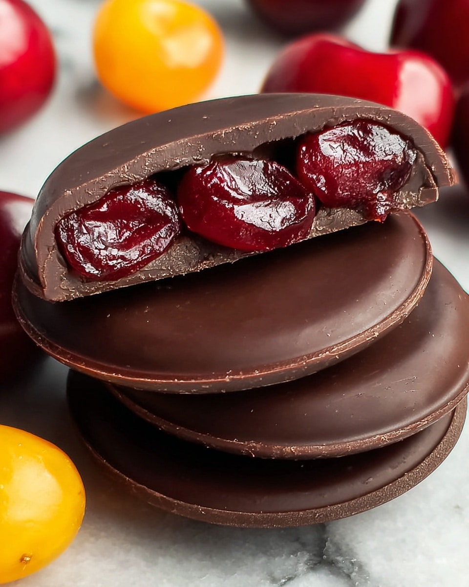 The image shows a stack of three round chocolate discs with a smooth, dark brown surface and slightly raised edges. The top disc is cut in half, revealing three deep red, glossy dried cherries inside, which are plump and shiny, nestled neatly in the middle layer of milk chocolate that surrounds them. In the background, out of focus, are shiny red and yellow cherries on a white marbled surface. The overall look is rich and inviting, with the dark chocolate and vibrant cherries contrasting well. photo taken with an iphone --ar 4:5 --v 7