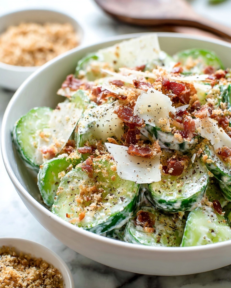 The image shows a close-up of a white bowl filled with fresh cucumber salad. The salad has thick slices of green cucumber, layered with creamy white dressing that makes the pieces look slightly glossy. On top, there are thin, curly sheets of pale cheese with small bits of reddish-brown bacon and a sprinkling of coarse black pepper. Crumbly golden-brown breadcrumbs are scattered throughout, adding texture. The bowl is placed on a white marbled surface, and there is a small white bowl filled with more breadcrumbs visible in the background. Photo taken with an iphone --ar 4:5 --v 7