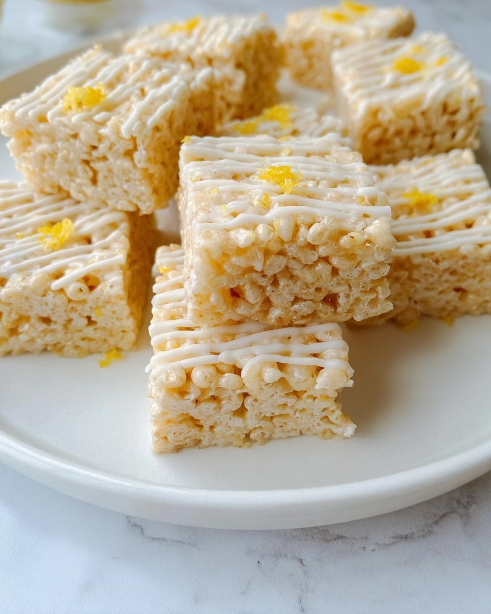 The image shows a close-up of several square rice crispy treats arranged neatly on a white plate with a white marbled background. Each treat is light golden brown with a crisp, airy texture made from puffed rice cereal. On top, there is a layer of white drizzle, likely white chocolate or icing, adding a smooth and slightly glossy finish. Small yellow zest or candy pieces are scattered on the surface, adding a touch of color contrast. The treats appear soft but hold their shape well, and they are placed in a slightly staggered pattern on the plate. Photo taken with an iphone --ar 4:5 --v 7