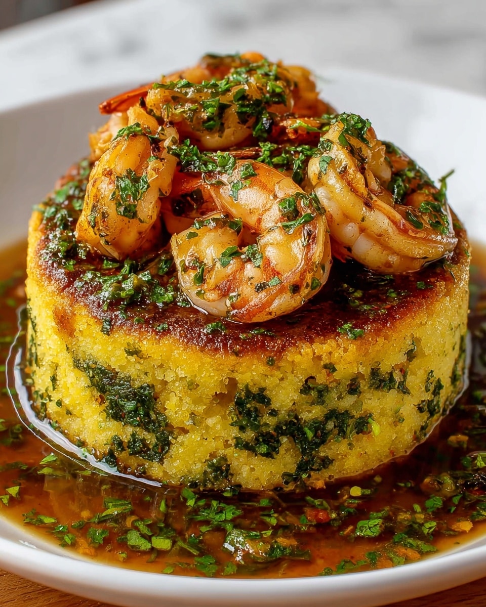 A round, thick yellow cake with green herb bits baked inside sits at the center of a white plate; it has a golden-brown crust on top. On top of the cake, there are several cooked shrimp, pink with char marks, sprinkled with green herbs. A brown sauce with visible chopped green herbs surrounds the base of the cake, pooling around it on the plate. The background is a white marbled texture. photo taken with an iphone --ar 4:5 --v 7