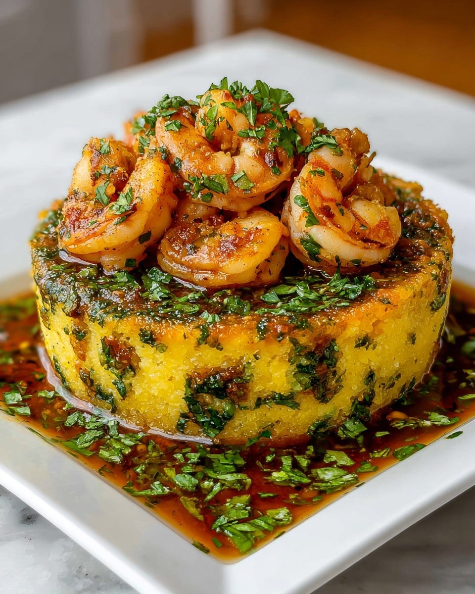 A round, golden-yellow cooked corn dish with green herbs mixed inside forms the base, slightly browned on top with a moist, crumbly texture. On top, there is a layer of pink-orange grilled shrimp curled in a circular arrangement, garnished with chopped green herbs. Around the base, there is a pool of brown sauce scattered with more chopped green herbs, served on a white square plate set on a white marbled texture. photo taken with an iphone --ar 4:5 --v 7