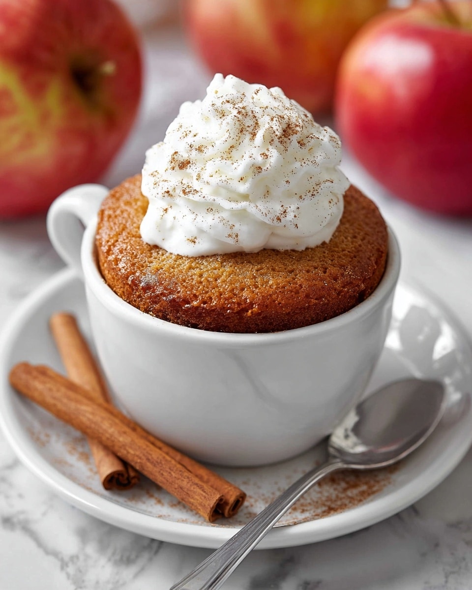 A white cup filled with a tall, golden-brown cake that slightly rises above the rim, topped with a generous dollop of white whipped cream sprinkled with light brown cinnamon powder; the cup sits on a white plate alongside three cinnamon sticks and a silver spoon placed diagonally, all set on a white marbled surface with blurred red apples in the background. photo taken with an iphone --ar 4:5 --v 7