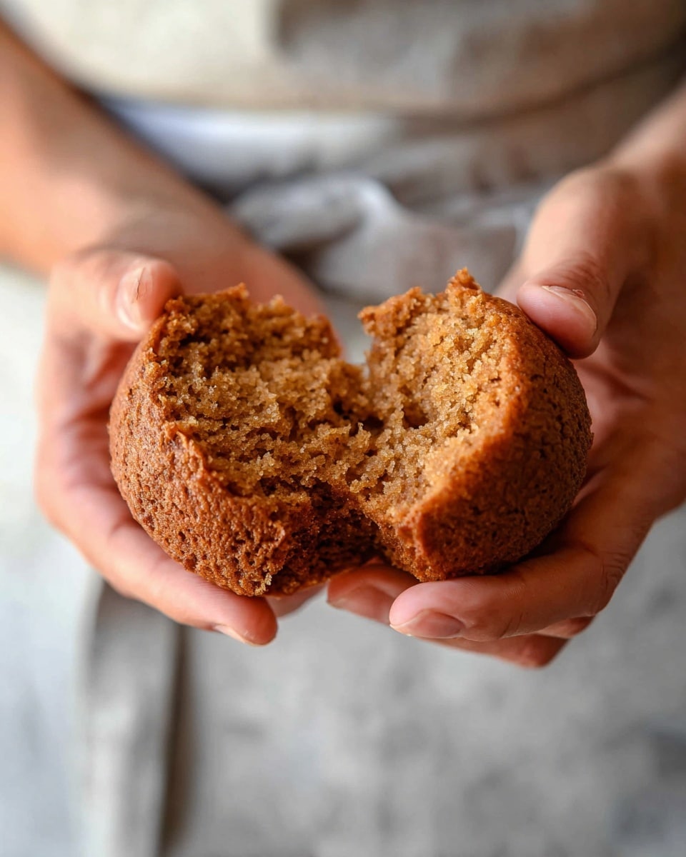 A close-up shot shows a person breaking a small round brown muffin in half with their hands, revealing a soft, moist, and slightly crumbly inside texture. The muffin’s outer layer is a darker brown with a slightly rough surface, while the inner part is lighter and fluffy. The person is wearing a light gray apron, and the background has a white marbled texture. The focus is on the muffin and the hands holding it, with natural light enhancing the warm tones of the muffin. photo taken with an iphone --ar 4:5 --v 7
