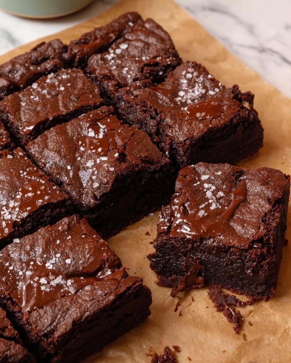 A thick, square chocolate brownie cut into six pieces rests on light brown parchment paper. The brownie has a dark brown, moist, and fudgy texture with a cracked top layer that shows glossy, melted chocolate patches scattered across. There is a sprinkle of white salt flakes on the surface that adds contrast. One piece is pulled slightly away from the main square, showing the dense and soft inside. The background is a white marbled texture. photo taken with an iphone --ar 4:5 --v 7