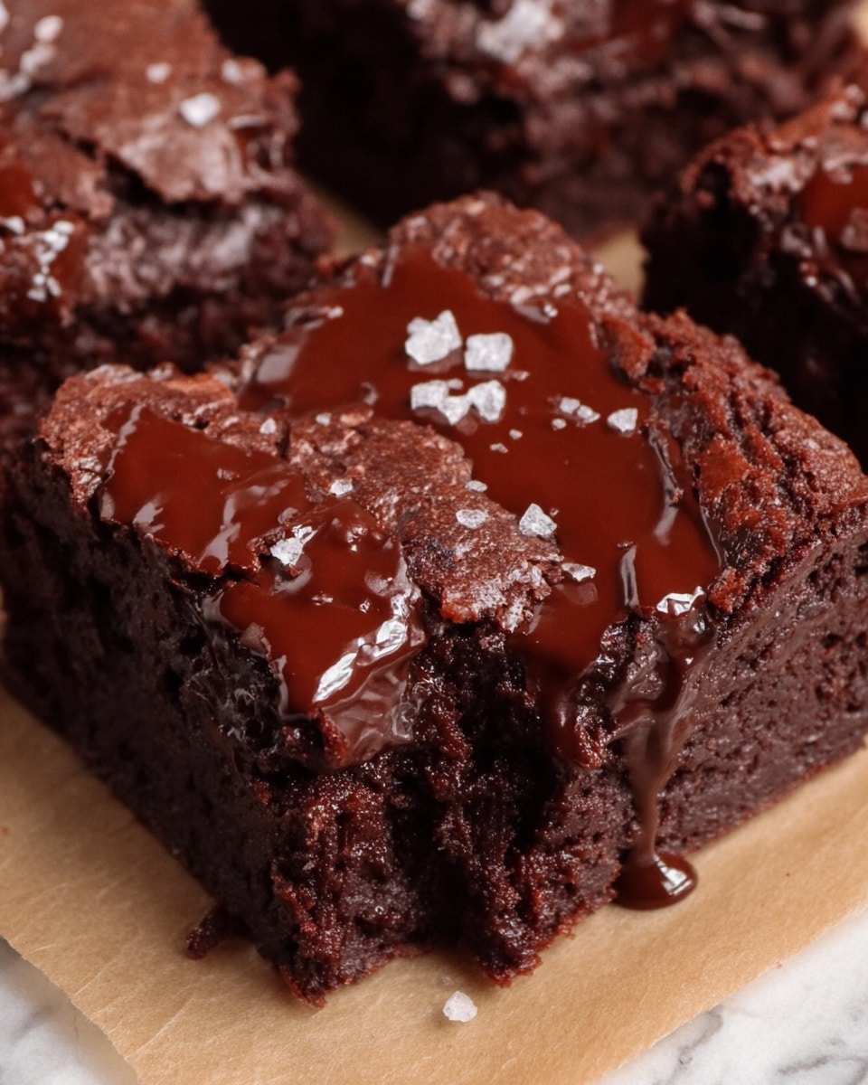 The image shows a close-up of a single rich chocolate brownie resting on light brown parchment paper. The brownie has a thick, slightly rough texture with a deep dark brown color. On top, there is a thick drizzle of glossy melted chocolate spreading unevenly, catching the light with a shiny appearance. Small flakes of white sea salt are scattered sparsely over the top, adding contrast to the dark chocolate surface. The edges of the brownie are slightly raised and crumbly, showing its dense and moist inside. The background is a soft white marbled texture. photo taken with an iphone --ar 4:5 --v 7