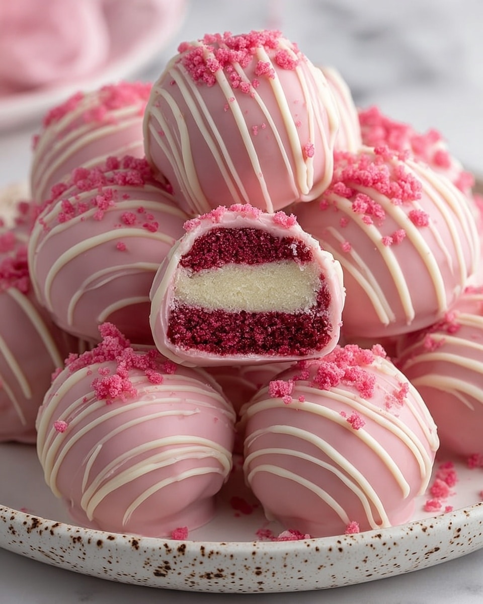 A group of round cake balls sits piled on a white plate with brown speckles, each coated in a smooth, light pink chocolate layer. Thin white chocolate lines are drizzled over the top in a random pattern, and small bright pink cake crumbs are sprinkled on them. One cake ball is cut in half, showing three layers inside: a top and bottom layer of dark pink cake with a soft, creamy white cake layer in the middle. The plate rests on a white marbled texture. photo taken with an iphone --ar 4:5 --v 7