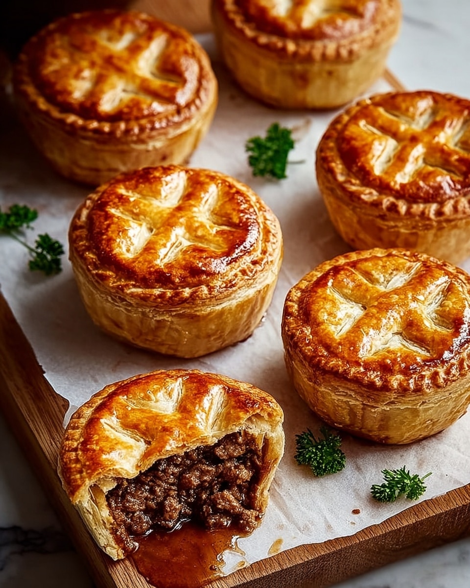The image shows several small round meat pies with a glossy, golden-brown top crust that has a cross pattern etched on it. Each pie has two main layers: a thick, flaky pastry crust on top and bottom, with a juicy, dark brown minced meat filling visible inside one pie that has a bite taken out of it, revealing its moist texture and some sauce leaking out. The pies sit on white parchment paper over a wooden board, with small green parsley sprigs placed around for decoration, all set on a white marbled surface. Photo taken with an iphone --ar 4:5 --v 7
