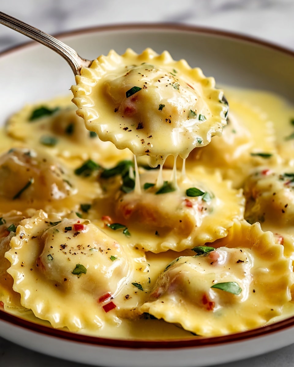 A close-up of round ravioli pasta in creamy yellow sauce fills the white plate with a thin brown edge, each ravioli having a ruffled edge and soft, slightly raised center showing bits of red and green filling. The sauce looks smooth and glossy, coating the pasta with small green herb pieces and specks of black pepper. A silver spoon lifts one ravioli above the plate, showing the sauce dripping slightly, with steam suggesting warmth. The background is a white marble texture. Photo taken with an iphone --ar 4:5 --v 7
