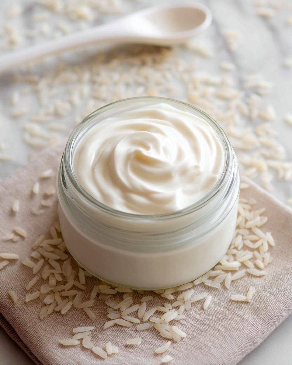 A top view of a small glass jar filled with smooth, creamy white yogurt swirled in a circular pattern on top; the jar sits on a light beige cloth with scattered grains of white rice around it, placed on a white marbled texture. A white ceramic spoon is visible in the background, slightly blurred. The overall image has a soft and clean look. photo taken with an iphone --ar 4:5 --v 7