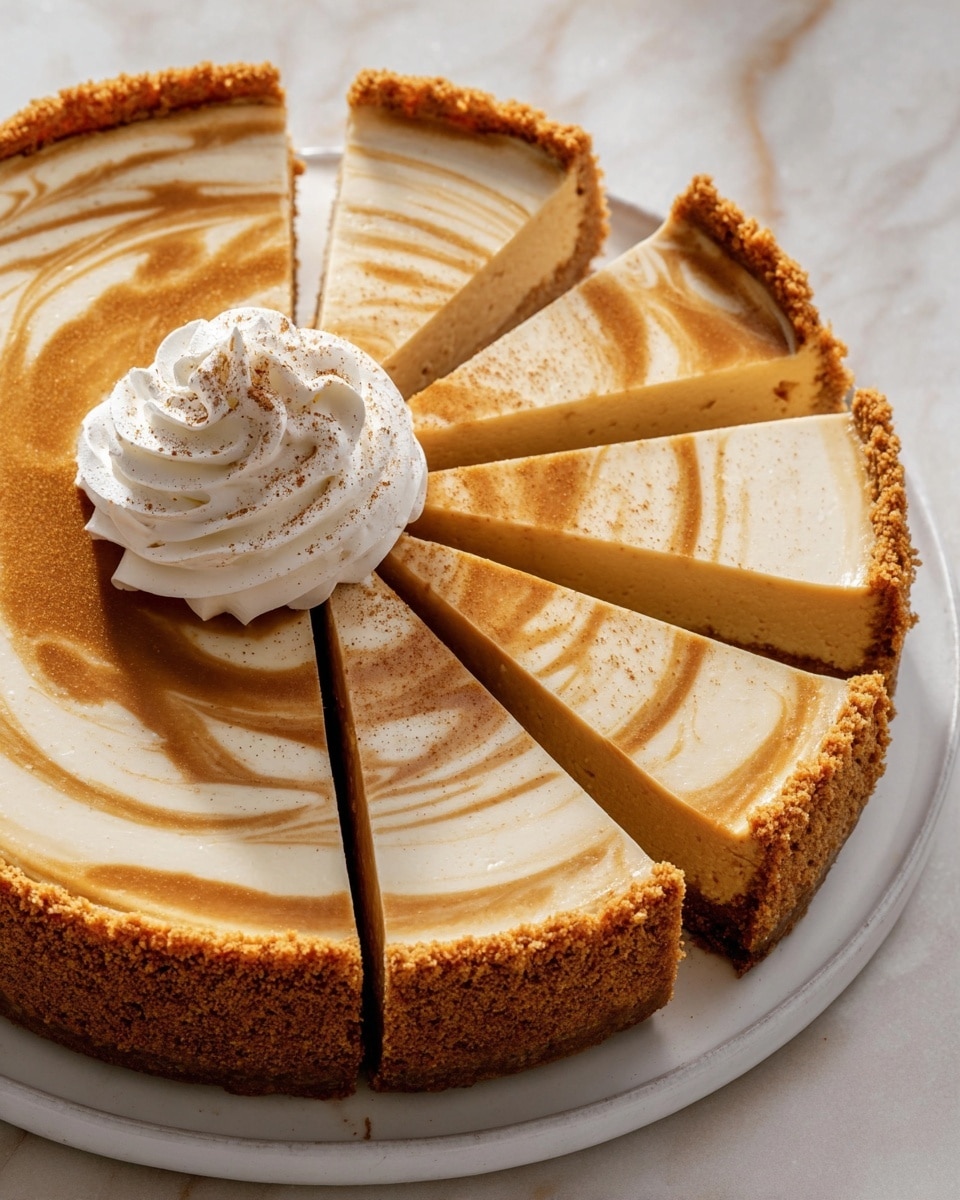 A round dessert with two main layers inside a dark baking pan: the outer layer is a crumbly brown crust that lines the bottom and sides, and the top layer is a creamy mixture with a smooth swirl pattern of light beige and rich caramel brown colors blending together in the center. The pan sits on a white marbled textured surface. photo taken with an iphone --ar 4:5 --v 7