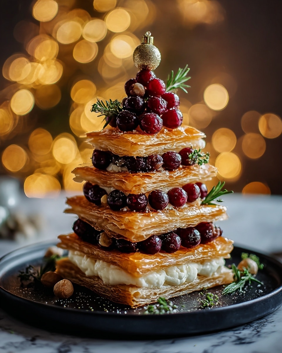A four-layered dessert stacked like a small tree, each layer made of golden, flaky puff pastry sheets with visible thin, crisp edges and creamy white filling peeking between the layers. Between each pastry layer are clusters of shiny red and dark berries, along with small light beige nuts and sprigs of green herbs resembling rosemary, adding color and texture. The top layer is decorated with a few berries and green herb sprigs, finishing with a small golden ornament. The dessert sits on a round black plate, placed on a white marbled texture surface, with soft golden fairy lights blurred in the background creating a warm, cozy atmosphere. photo taken with an iphone --ar 4:5 --v 7