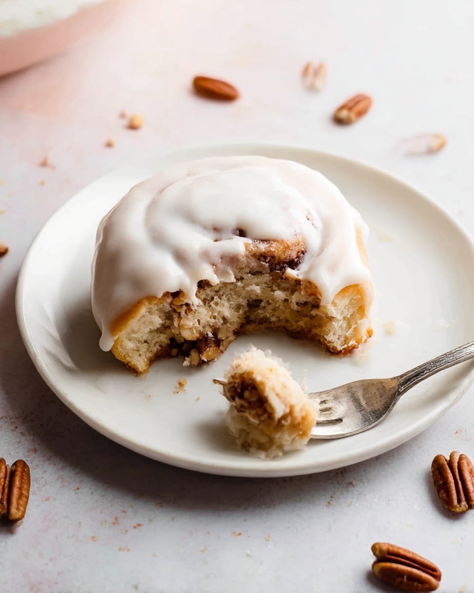 A cinnamon roll on a white plate, topped with a thick layer of white icing, has been split in half. The bottom layer of the roll is golden brown and flaky, while the inside shows a soft, light beige dough with dark cinnamon swirls. One half is resting on the plate, and the other half is on a silver fork to the right. There are pecan pieces scattered on a white marbled texture around the plate. Photo taken with an iphone --ar 4:5 --v 7