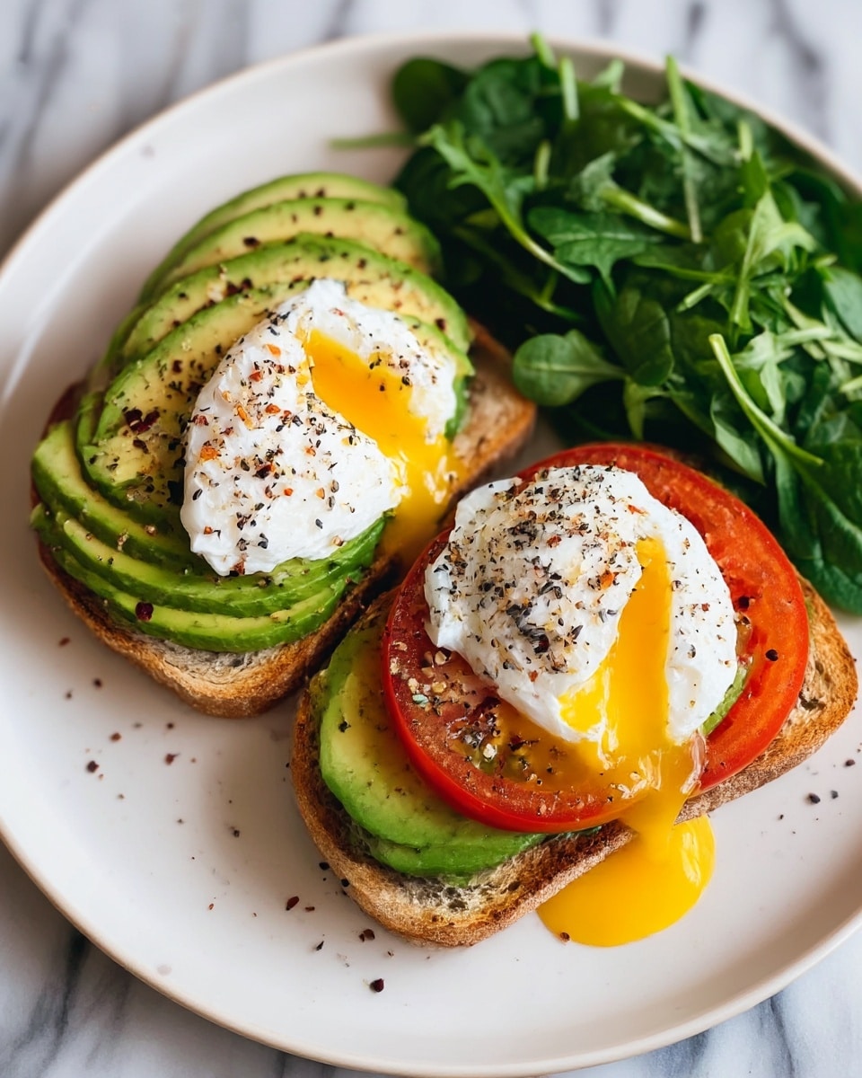 Two slices of toasted bread form the base, topped with neatly sliced green avocado laid flat in overlapping layers. On top of the avocado, there is a thick slice of red tomato. Two poached eggs rest on the tomato, with one egg slightly broken and its yellow yolk flowing down the side. The eggs are sprinkled with black and white seeds and spices. To the side of the toast, there is a pile of fresh, leafy green spinach. The food is served on a white plate placed on a white marbled surface. photo taken with an iphone --ar 4:5 --v 7
