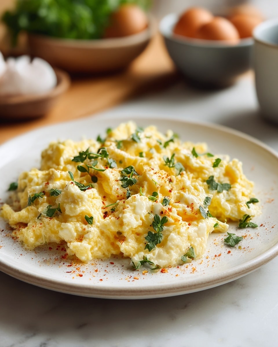 A white round plate holds a soft, fluffy scrambled egg dish with about two main layers blending bright yellow and creamy white colors. Fresh green herb leaves are scattered evenly on top, adding small pops of color. There is a light dusting of red spice sprinkled across the eggs, enhancing the texture with tiny specks. The plate rests on a white marbled surface, while in the background, there are blurred bowls containing eggs and greenery, creating a cozy kitchen setting. photo taken with an iphone --ar 4:5 --v 7