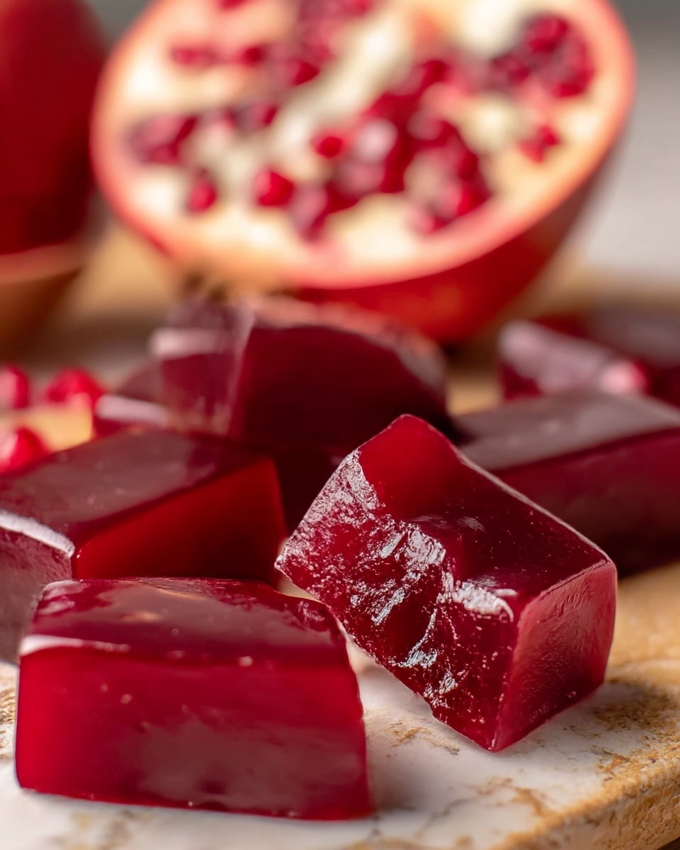 The image shows several glossy, deep red rectangular fruit jellies arranged on a light brown surface with a rough texture. One jelly piece is cut and slightly lifted, revealing a firm, translucent interior with smooth, shiny edges. In the blurry background, an open pomegranate with bright red seeds and white pith is visible, adding a natural contrast. The overall tone is rich and vibrant, with a focus on the shiny texture and vivid color of the jellies, placed on a white marbled texture. photo taken with an iphone --ar 4:5 --v 7