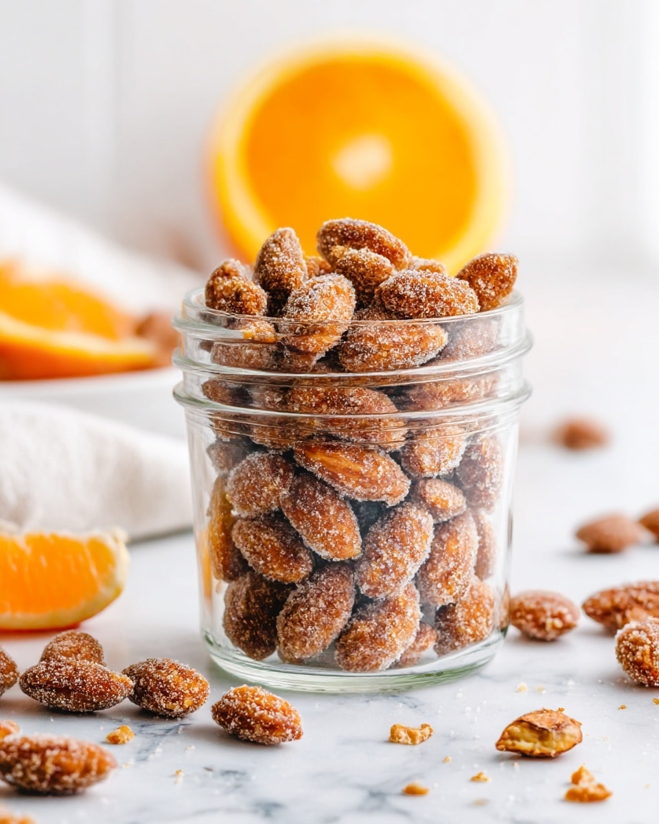 A clear glass jar filled to the top with brown sugar-coated almonds that have a rough, sticky texture. The jar is placed on a white marbled surface with some almonds and crumbs scattered around it. In the background, there is a blurred halved orange with a bright orange color and a white marbled texture behind it. The overall setting is bright and clean with soft natural light. Photo taken with an iphone --ar 4:5 --v 7