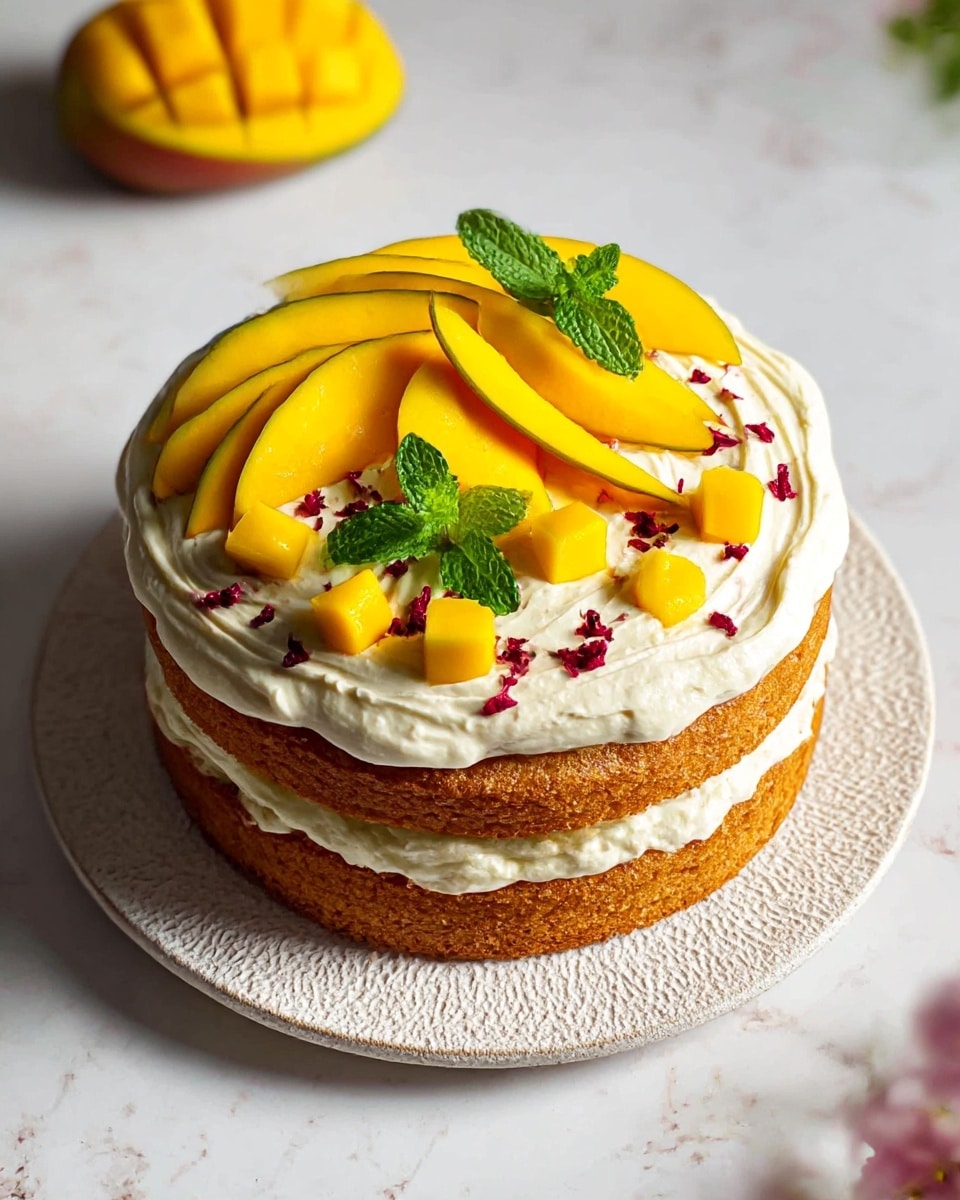 A two-layer round cake sits on a textured white plate, its golden brown sponge visible between thick layers of creamy white frosting. The top layer is decorated with smooth swirls of white frosting, topped with vibrant slices of bright yellow mango arranged in curved shapes, small yellow mango cubes scattered on top, and fresh green mint leaves adding a pop of color. Tiny bits of crushed dark red berries are sprinkled over the mango and frosting for contrast. The cake is placed on a white marbled surface with soft natural light highlighting the textures and colors, creating a fresh and inviting look. photo taken with an iphone --ar 4:5 --v 7