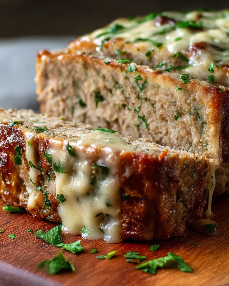 This image shows a close-up of a thick meatloaf slice on a wooden board with melted golden cheese on top. The meatloaf has a browned crispy outer edge and a moist, light brown inside mixed with green herbs. The cheese layer on top is gooey and slightly browned in parts, with some cheese running down the sides. Small bits of chopped fresh green herbs are sprinkled on the top and around the meatloaf on the board. The texture looks tender and juicy with a mix of crispiness and softness. Photo taken with an iphone --ar 4:5 --v 7