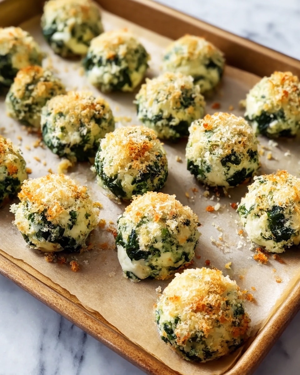 A baking tray filled with multiple small round balls of a baked dish, each about two layers high with a mostly white and creamy texture mixed with green spinach pieces throughout. The top of each ball is golden brown with a crunchy, slightly crumbly texture from baked breadcrumbs sprinkled evenly on the top. The tray is lined with parchment paper and placed on a white marbled surface. photo taken with an iphone --ar 4:5 --v 7