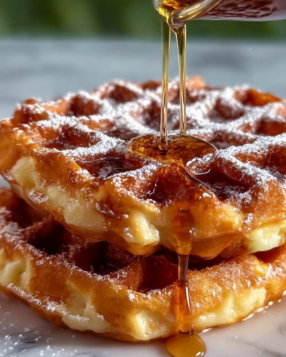 Two thick waffles stacked on top of each other show their golden brown, crispy edges with a soft, creamy inside. The top waffle is dusted with white powdered sugar, highlighting the texture of the squares and ridges. Clear maple syrup is being poured over the top waffle, flowing down the sides and pooling slightly at the base, adding a glossy shine to the warm waffles. The photo is close up, capturing the rich color and texture details clearly on a white marbled surface. photo taken with an iphone --ar 4:5 --v 7