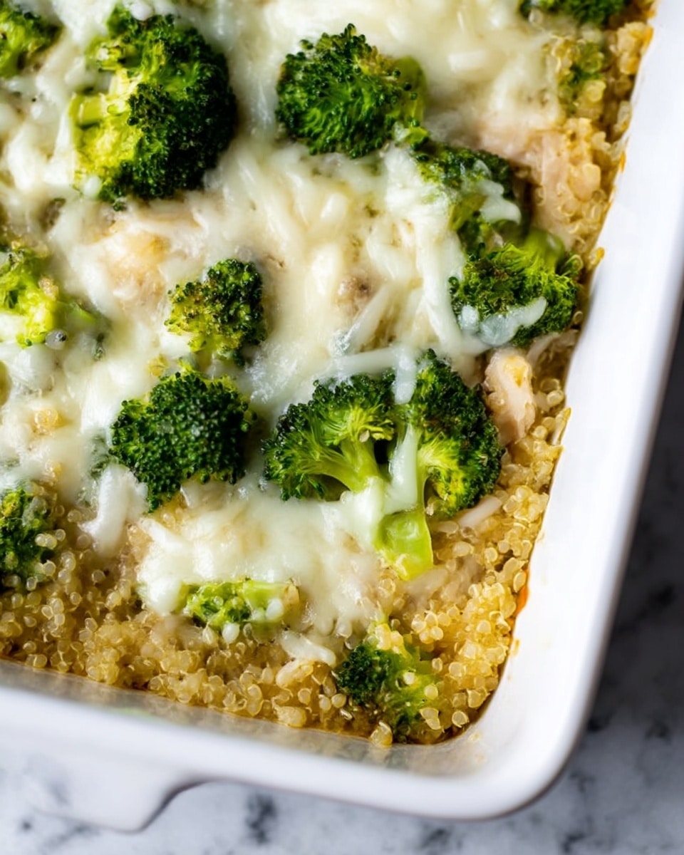A close-up of a white rectangular baking dish filled with a casserole dish that has at least three visible layers: the bottom layer is a light yellow quinoa base with small round grains, the middle layer contains bright green broccoli florets spread evenly, and the top layer is covered with melted white cheese that looks gooey and bubbly, partially covering the broccoli and quinoa. The dish sits on a white marbled textured surface. Photo taken with an iphone --ar 4:5 --v 7