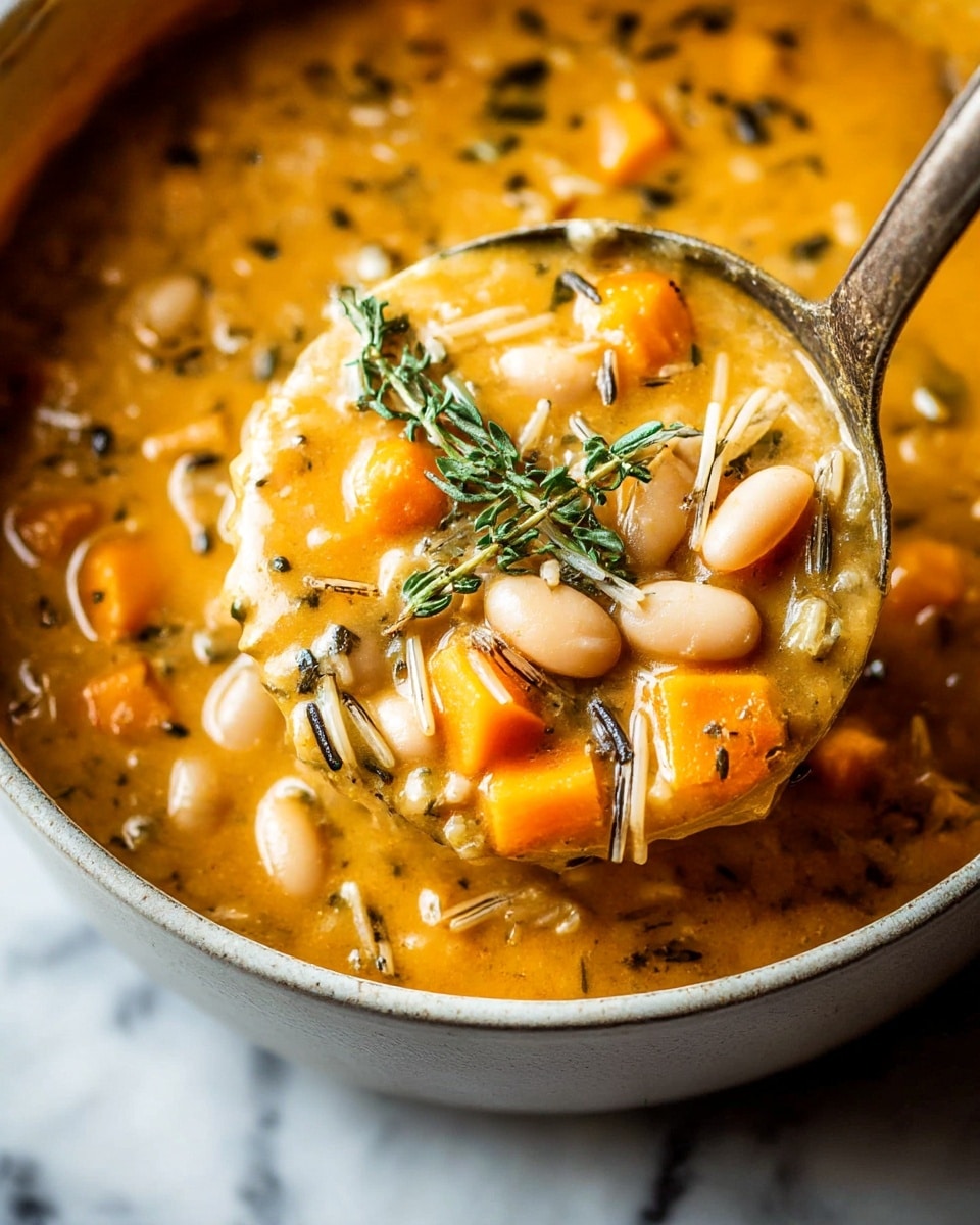 A close-up view of a thick soup in a bowl, showing three visible layers: the base layer is a creamy orange broth with a rich texture, the middle layer has white beans scattered throughout, and the top layer contains cubed orange vegetables and thin strands of wild rice. A sprig of green herbs sits on top as garnish, and a ladle is partially dipped into the soup, lifting some of the mix showing all layers together. The bowl is white, placed on a white marbled surface. photo taken with an iphone --ar 4:5 --v 7