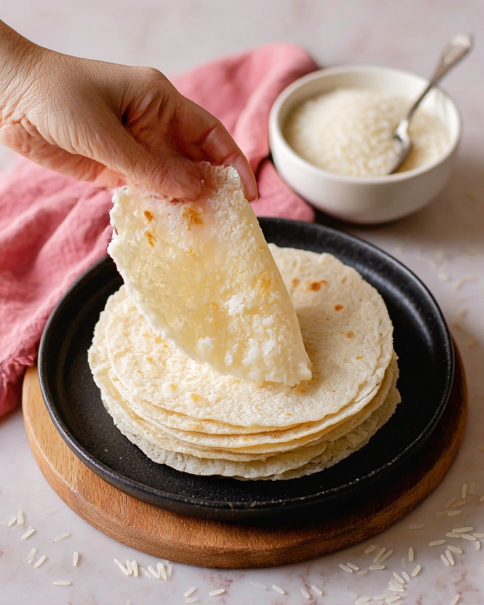 A close-up of a woman's hand lifting a thin, soft, pale white crepe with some light golden spots from a black plate, with multiple similar round crepes stacked neatly underneath. The plate is placed on a round wooden board with a pink cloth partially visible in the background. To the side, there is a small white bowl filled with uncooked white rice grains and a silver spoon inside it, all set on a white marbled surface with scattered rice grains around. photo taken with an iphone --ar 4:5 --v 7