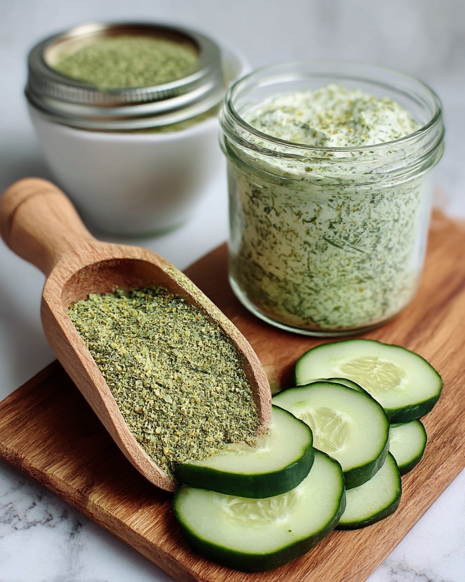 The image shows a wooden scoop filled with a coarse green spice mix placed on a wooden board. Next to it are six slices of fresh cucumber arranged in a slight curve, showing their light green flesh and seeds. Behind the scoop is a clear glass jar with a silver lid, also filled with the same green spice mix. Further back, there is a white bowl with a creamy dip that has green herbs mixed in, giving it a textured look. The whole scene is set on a white marbled background. photo taken with an iphone --ar 4:5 --v 7