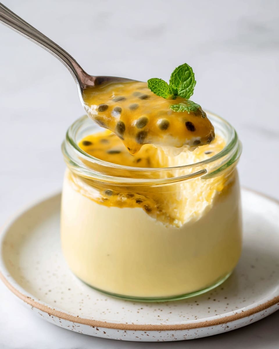 The image shows a clear glass jar filled with two layers: the bottom layer is a pale yellow creamy mousse with a smooth and fluffy texture, and the top layer is a golden-yellow passion fruit sauce with visible black seeds, giving it a glossy and slightly chunky look. On top of the sauce, there is a fresh green mint sprig for decoration. A spoon is lifting a scoop from the jar, showing the creamy mousse underneath the passion fruit sauce. The jar is placed on a white plate with a speckled design, all set on a white marbled surface. photo taken with an iphone --ar 4:5 --v 7
