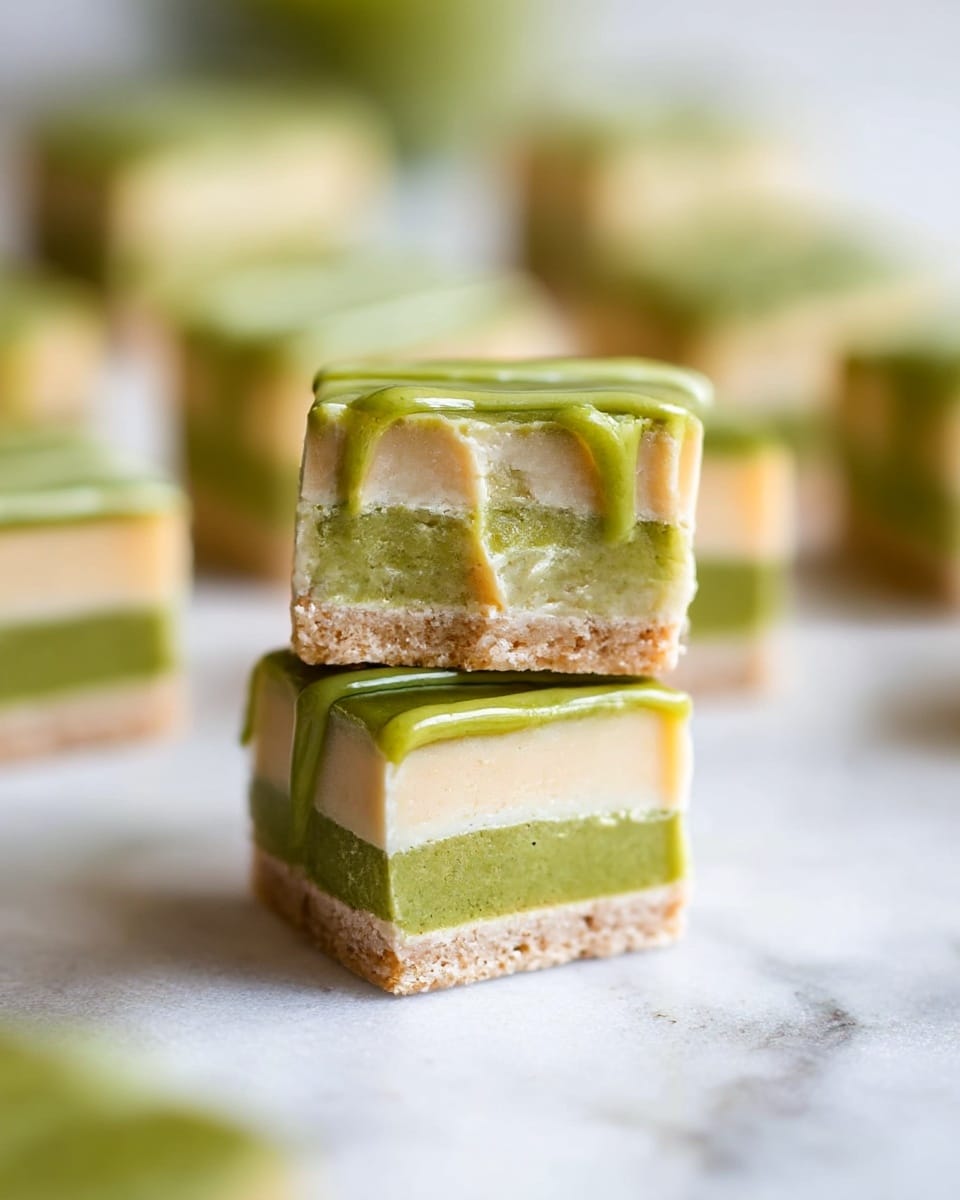 The image shows a close-up of two stacked square pieces of a dessert with three visible layers. The bottom layer is a light brown crumbly base, the middle layer is a smooth, bright green filling with a glossy texture, and the top layer is a thin, creamy beige coating surrounding the green filling. The top of the dessert is drizzled with green sauce that looks thick and smooth. The background has several more pieces of the same dessert, blurred out, all placed on a white marble surface. Photo taken with an iphone --ar 4:5 --v 7