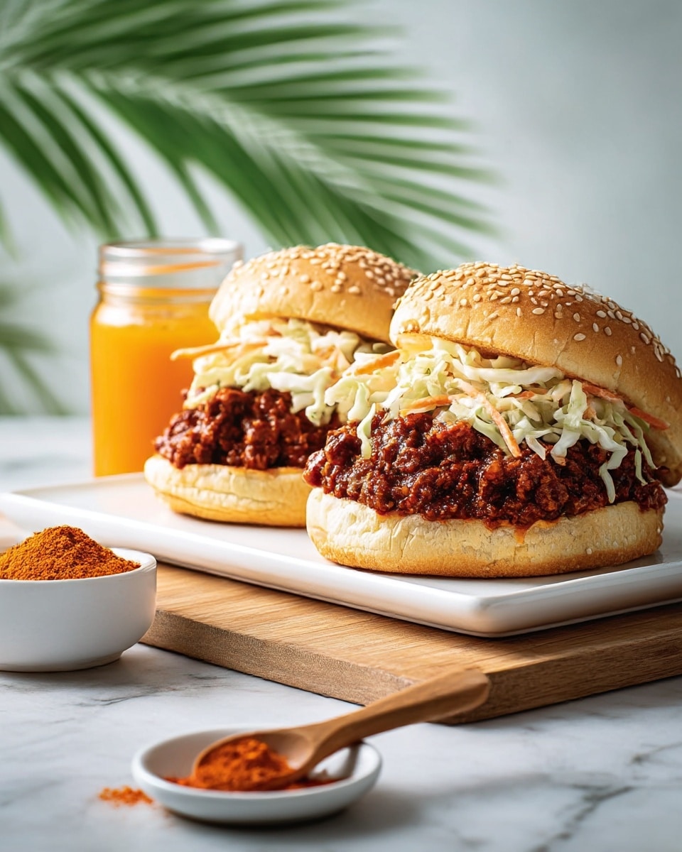 Two sloppy joe sandwiches sit side by side on a white rectangular plate, which is placed on a wooden board. Each sandwich has three layers: a bottom sesame seed bun with a light golden color, a thick middle layer of rich, dark red-brown sloppy joe meat covered in sauce, and a top layer of creamy coleslaw made of shredded white cabbage and thin orange carrot strips. The upper sesame seed buns lean slightly back, revealing the filling. In the foreground, there is a small white bowl with orange powder and a glass jar of bright orange sauce with a wooden spoon inside. The whole scene is set on a white marbled surface with a soft, blurred background and a green palm leaf visible in the upper left corner. photo taken with an iphone --ar 4:5 --v 7