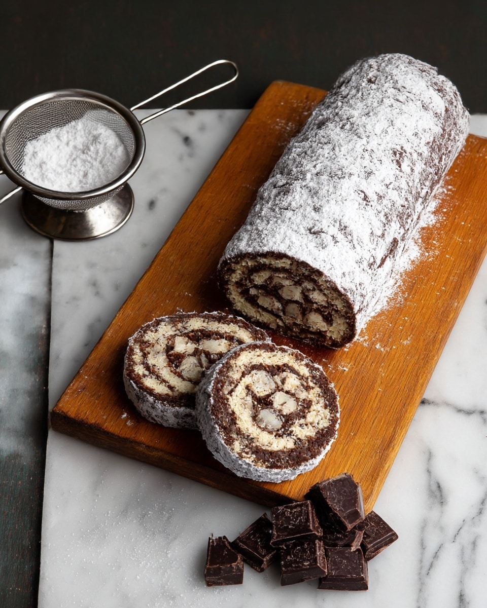 The image shows a chocolate biscuit cake rolled into a log shape on a wooden cutting board placed on a white marbled surface. The log is coated with a light dusting of powdered sugar, giving it a white, powdery texture outside. Two slices cut from the log reveal the inside, showing multiple layers of broken biscuit pieces mixed together in dark brown chocolate, creating a mosaic-like pattern with beige and chocolate-colored pieces. To the left, there is a small metal strainer filled with powdered sugar, and to the right, a small stack of dark chocolate pieces rests on the wooden board. The photo taken with an iphone --ar 4:5 --v 7