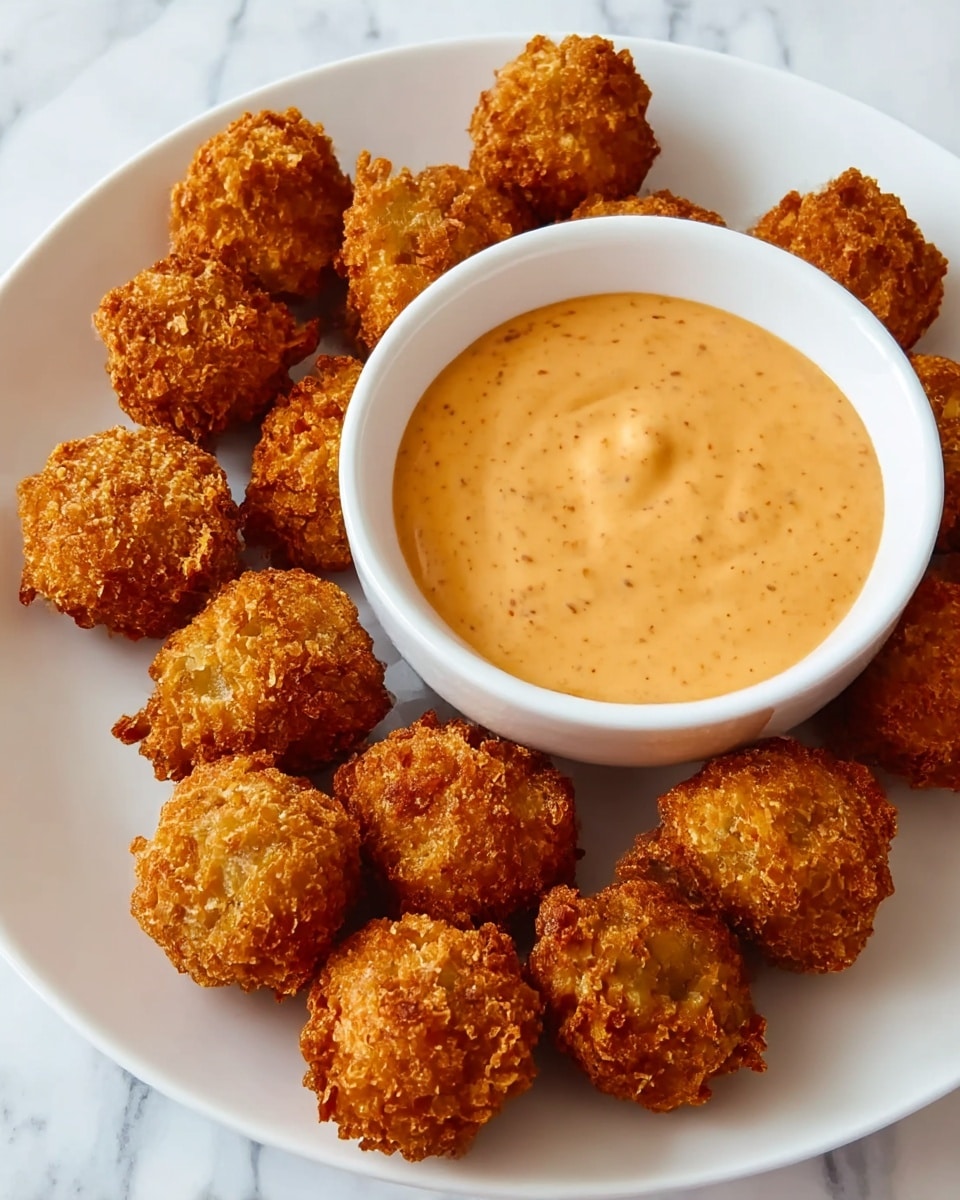 A close-up view of a white bowl filled with several pieces of crispy, golden-brown fried food with a rough, crunchy texture, likely chicken or similar. The pieces vary in size, with some smaller round ones and one larger piece in the center front. On the left side of the bowl is a smaller white bowl containing a smooth, creamy dipping sauce of light brown color with visible black pepper specks. The bowl sits on a surface with a white marbled texture. photo taken with an iphone --ar 4:5 --v 7