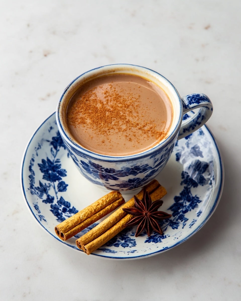 A close-up of a blue and white patterned cup filled with smooth, light brown hot chocolate topped with a dusting of cinnamon powder on the surface. The cup is placed on a matching saucer with blue floral designs on a white base. Next to the cup on the saucer, there are two long cinnamon sticks with a textured, rough surface, light brown in color, and a small dark brown star anise positioned near the bottom edge of the saucer. The setup is on a white marbled texture surface. photo taken with an iphone --ar 4:5 --v 7