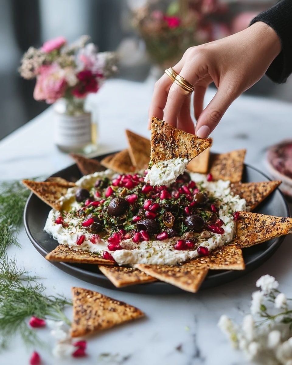 A dark plate holds a layered dish starting with a base layer of white creamy cheese spread thickly and unevenly. On top, there is a colorful mix of black olives, green herbs, and bright red pomegranate seeds scattered all over. Around the cheese, there are many golden-brown, toasted triangular flatbreads sprinkled with seeds. A woman's hand, wearing a simple gold ring, is picking up one piece of the flatbread from the plate. The plate sits on a white marbled surface, decorated with small white and pink flowers, and a green herb sprig. In the background, blurred but visible, is a glass bottle and a small vase with pink and white flowers. Photo taken with an iphone --ar 4:5 --v 7