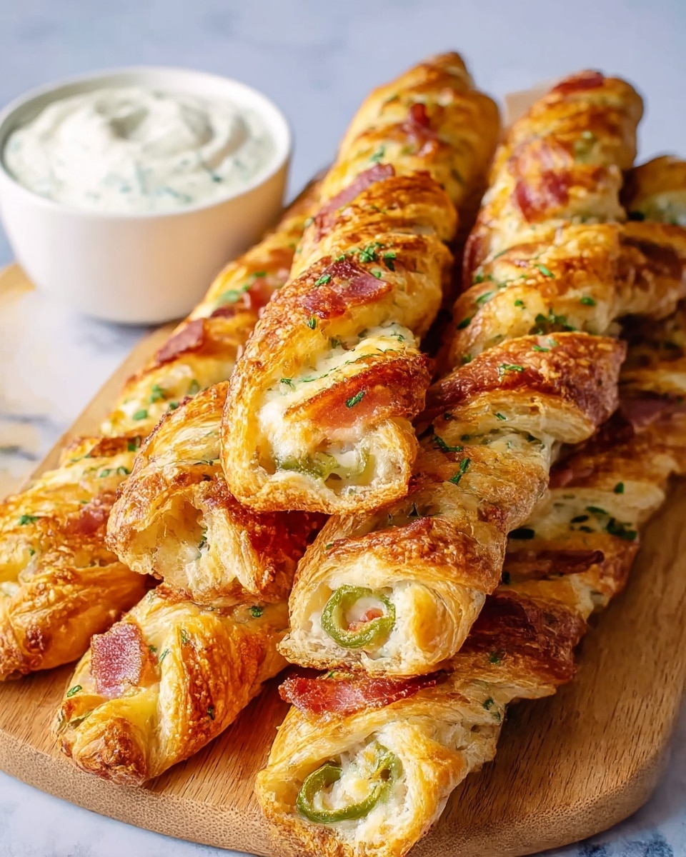 The image shows a pile of five golden-brown twisted breadsticks on a wooden board, each breadstick having three visible twisted layers with melted cheese and bacon bits on top, small green herb pieces sprinkled over, and sliced green peppers visible inside the bread. In the top left corner of the board, there is a small white bowl filled with creamy white dip. The background is a white marbled texture. photo taken with an iphone --ar 4:5 --v 7