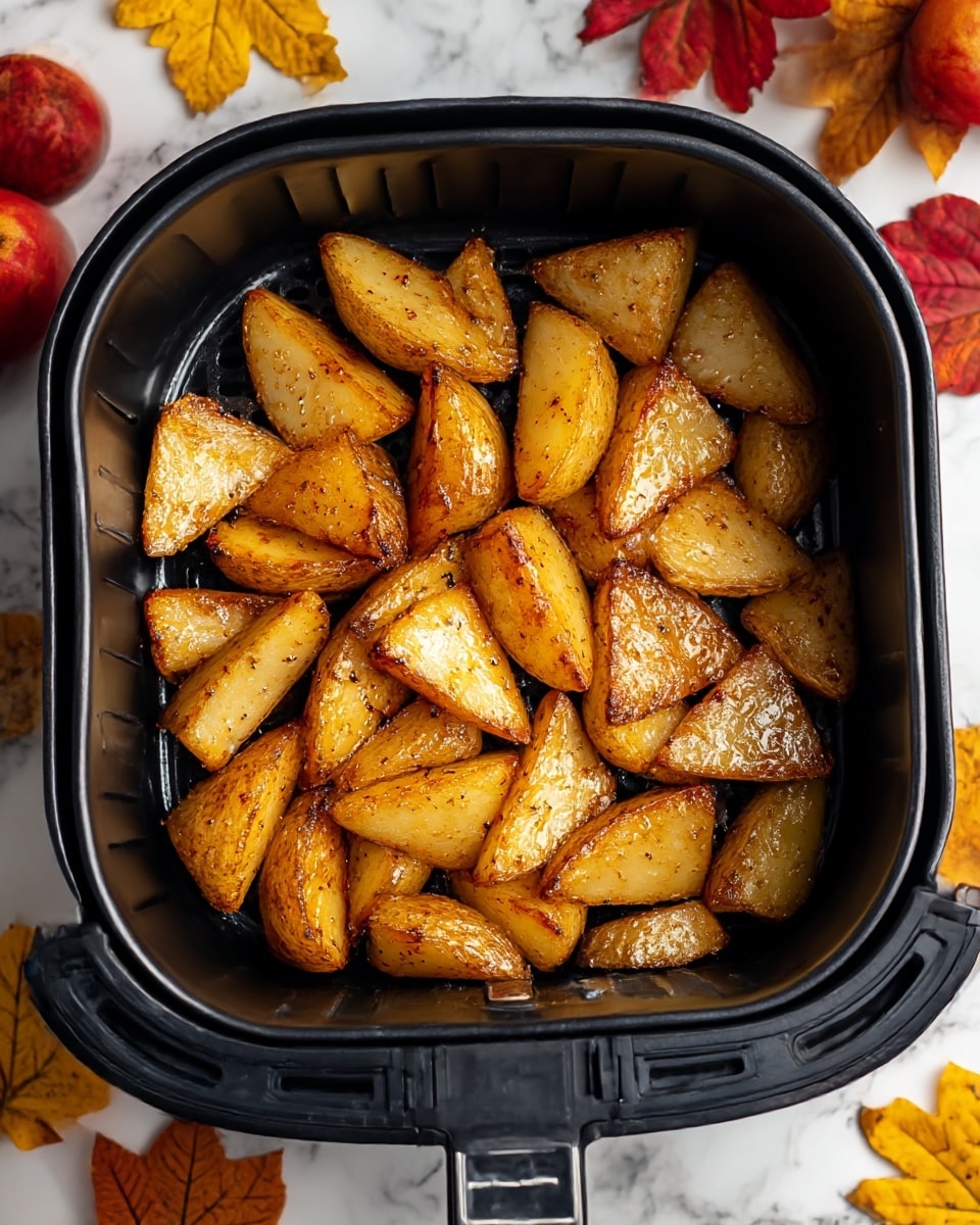 The image shows a black air fryer basket filled with roasted potato wedges cut into triangular pieces. The potatoes have a golden-brown color with a slightly crispy texture and some areas showing darker caramelized spots. The potatoes are coated with a light layer of oil and seasoning that gives them a shiny appearance. The basket sits on a white marbled surface, and there are scattered colorful autumn leaves around it, creating a cozy fall atmosphere. Photo taken with an iphone --ar 4:5 --v 7