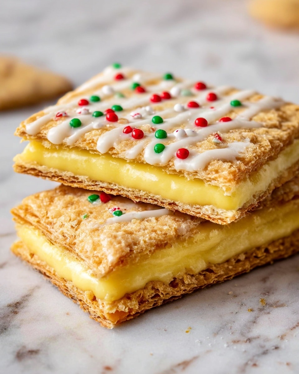 The image shows two rectangular layers of flaky, golden-brown pastry stacked on top of each other, each filled with a smooth, bright yellow custard cream layer. The top pastry layer is drizzled with white icing and sprinkled with small, round, red, green, and white candy sprinkles. The layers have a crisp, crumbled texture around the edges, and the surface beneath them is a white marbled texture. Photo taken with an iphone --ar 4:5 --v 7
