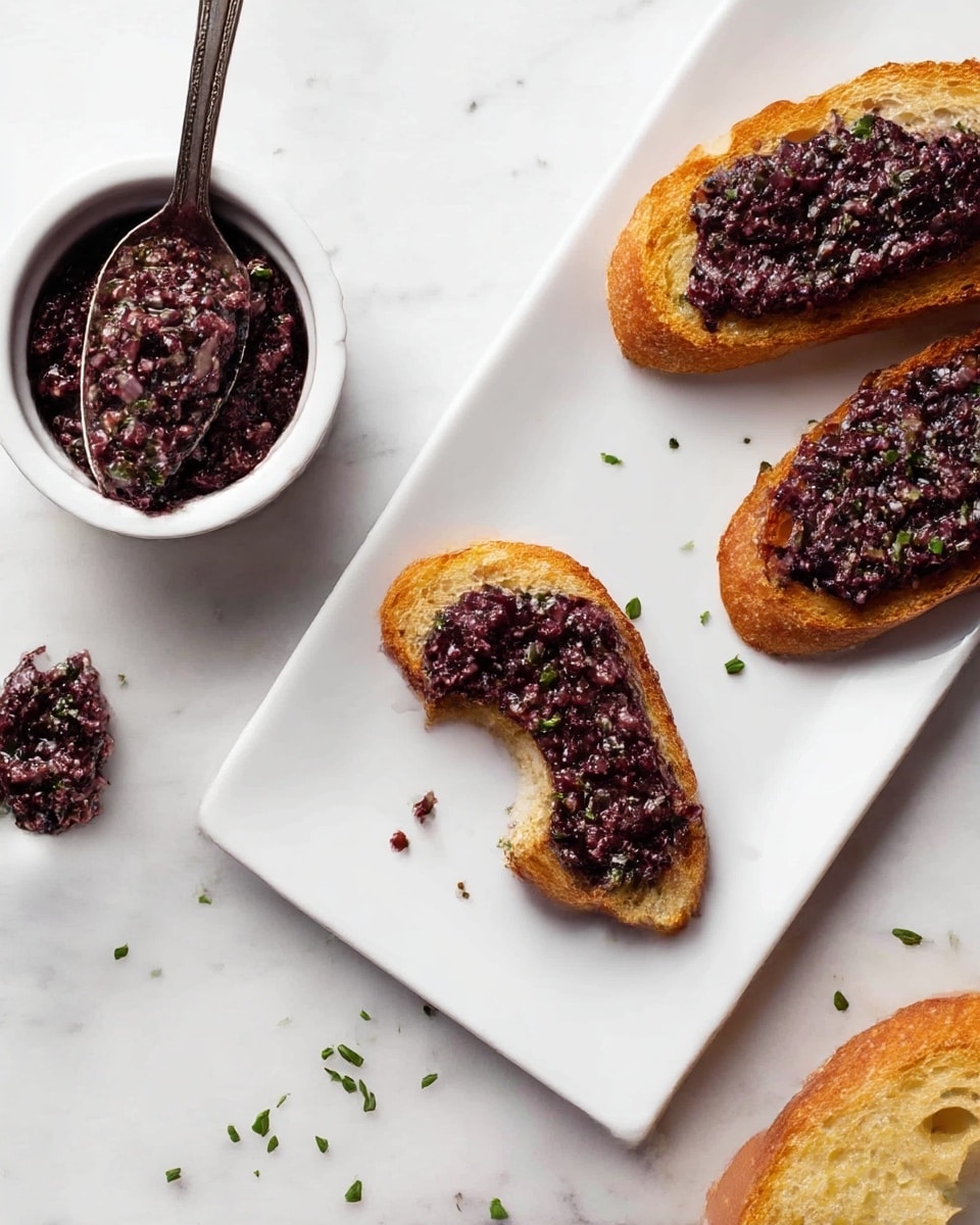The image shows a white rectangular plate on a white marbled surface with toasted bread slices. Two slices are topped with a dark purple, chunky olive tapenade spread, which has a shiny, slightly oily texture with bits of herbs visible. One of the topped slices has a bite taken out. To the left of the plate, a silver spoon holds more of the olive tapenade, with a small white bowl partially filled with the same spread below it. Small green herb pieces are scattered around the plate for decoration. photo taken with an iphone --ar 4:5 --v 7