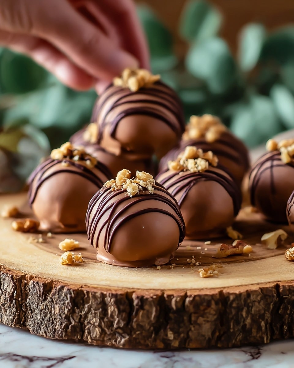 Round chocolate balls covered in a smooth light brown milk chocolate layer form the main part of this image, each ball decorated with thin dark chocolate drizzles in a horizontal pattern on top. Small pieces of crushed nuts are sprinkled on the top center of the balls and scattered around them. The balls sit on a thick rustic wooden slab with a rough bark edge visible, giving a natural feel to the presentation. One chocolate ball is held gently by a woman's hand from the side, slightly elevated above the others which lay grouped together on the wooden surface. The background is softly blurred, showing green leaves with a white marbled texture below. Photo taken with an iphone --ar 4:5 --v 7
