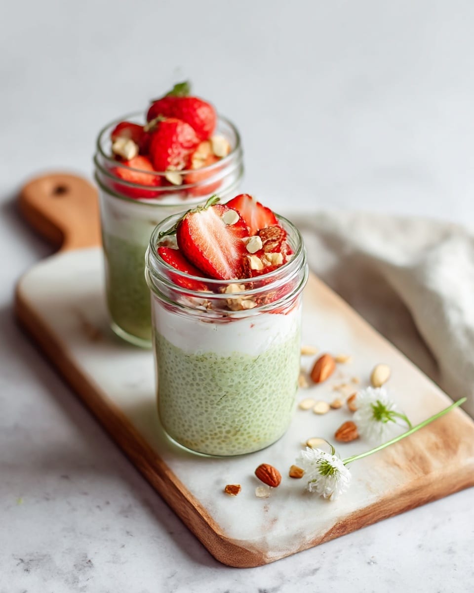 Two clear glass jars are filled with three layers of food, placed on a white marbled surface with a wooden board behind them. The bottom layer is a pale green chia pudding with a textured, slightly lumpy look. Above that is a smooth, white yogurt layer. The top layer is decorated with fresh red strawberries sliced and whole, along with scattered chunky pieces of light brown mixed nuts. A small white flower stem lies near the jars on the board. Photo taken with an iphone --ar 4:5 --v 7